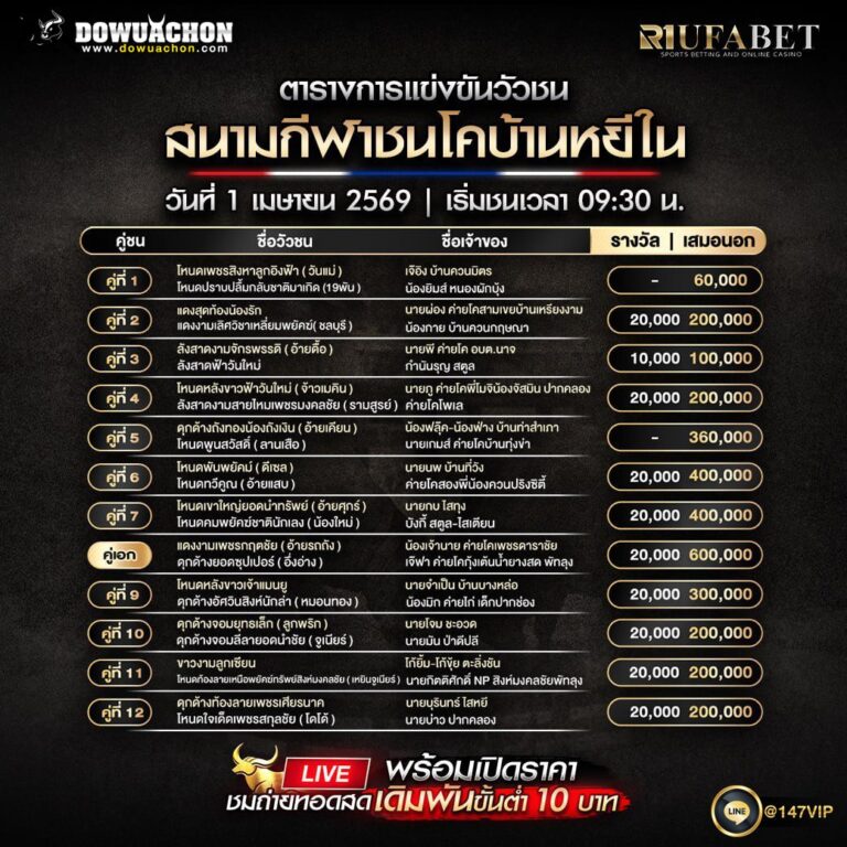 ตารางวัวชน 1-04-69 สนามกีฬาชนโคบ้านหยีใน